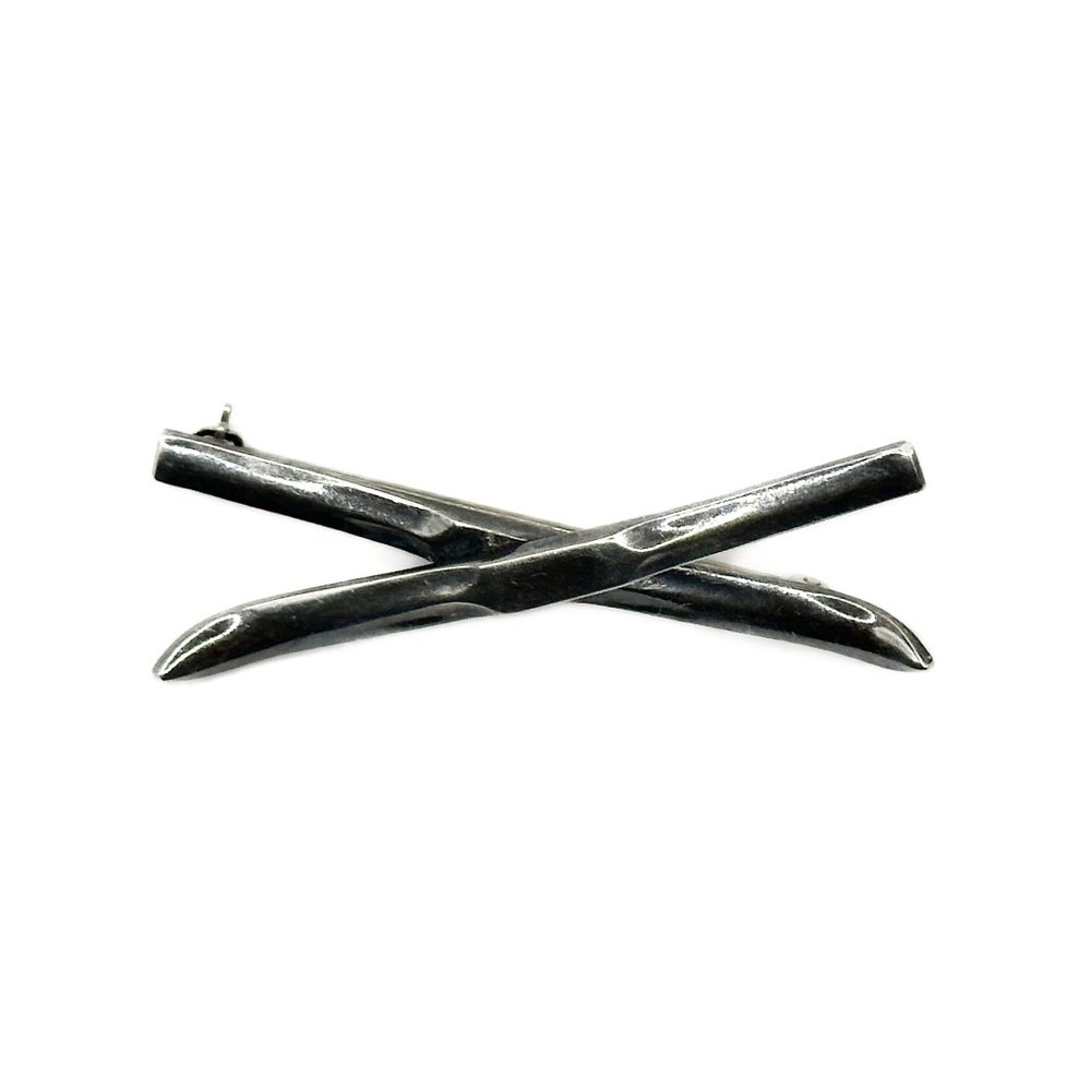Vintage Sterling Silver Crossed Skis Pin 1.75"